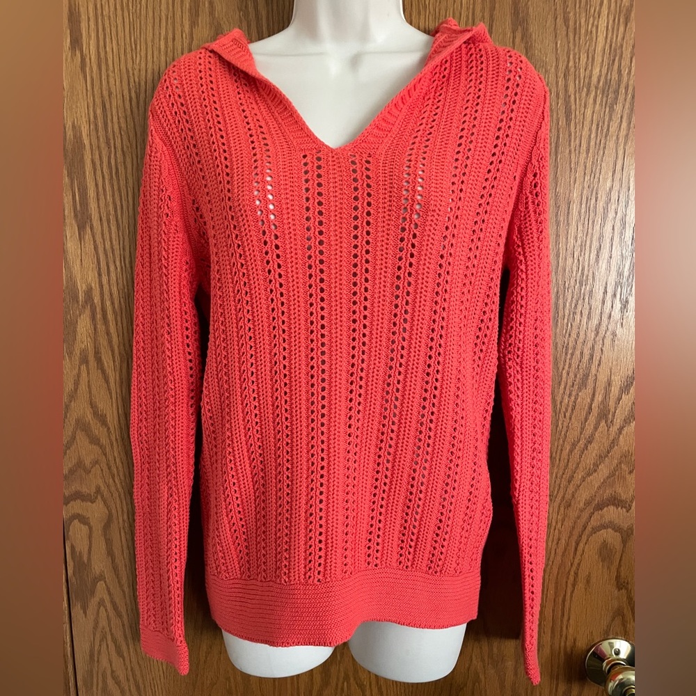 Bamboo Traders Orange Hooded Sweater Open Knit Long SleevesWomen's Jr's Sz M NWT